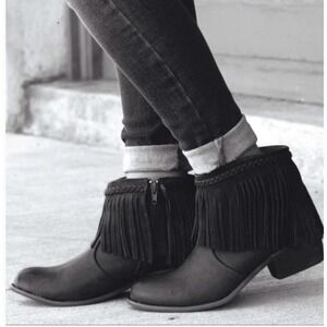 Corkys Arcadia Black Leather Fringe Ankle Boots Booties Women's Size 7